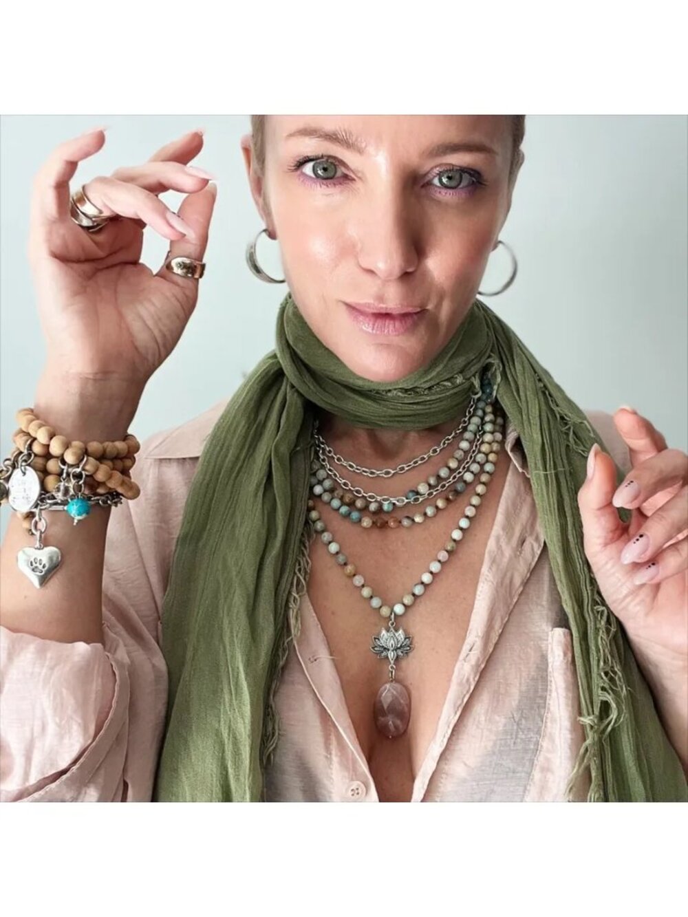 Katia Designs "Have Faith" Lotus Amazonite Long Chain Fusion Necklace - Picture 3 of 6